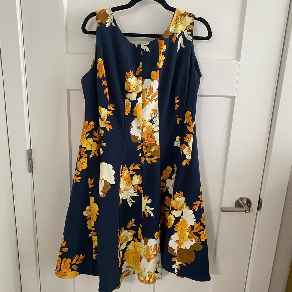 Navy Blue dress with Gold floral accents 18 midi